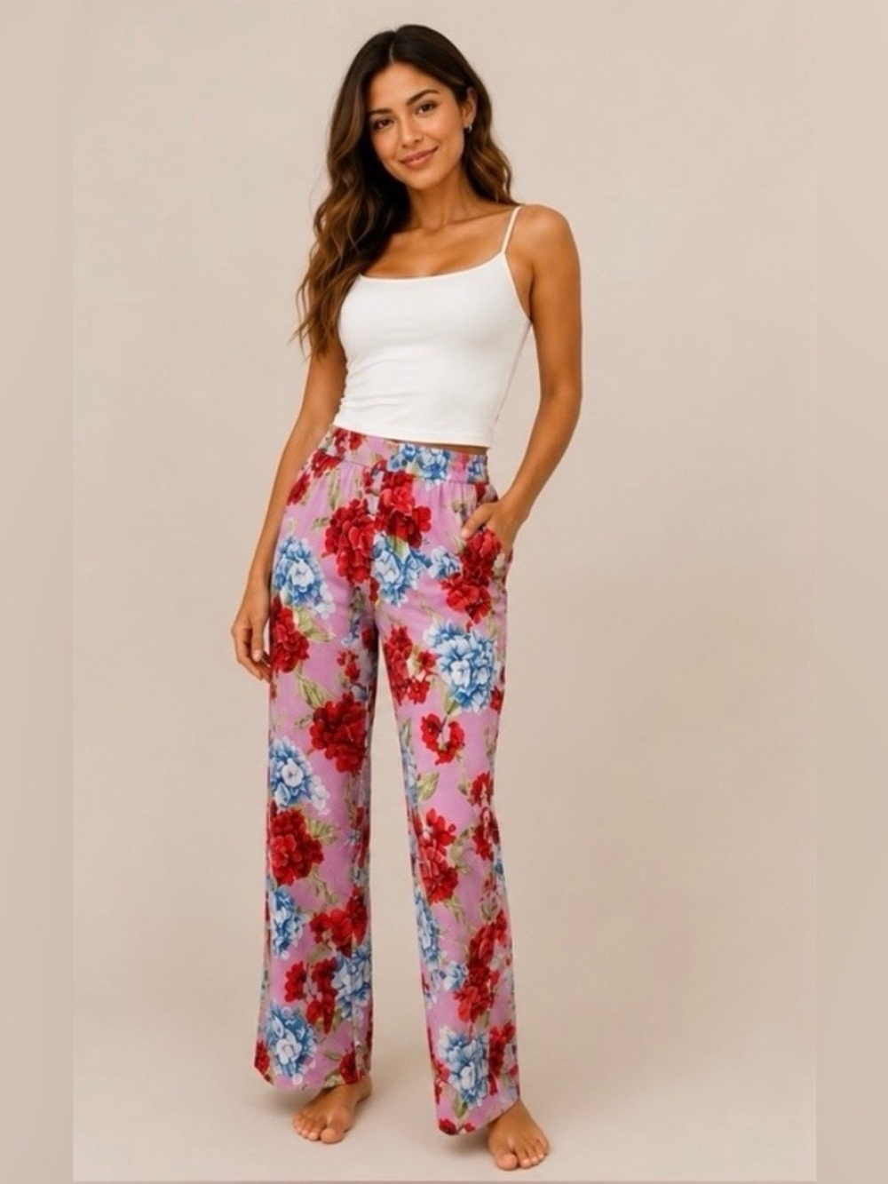 NWOT Rachel Zoe Pink Satin Floral Hydrangea Wide Leg Pants Trousers XS